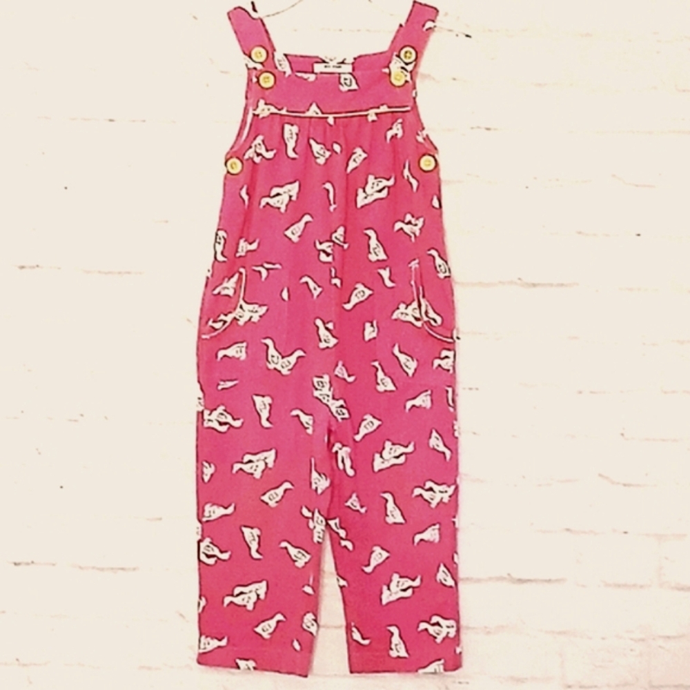 Baby Boden Pink White Duck Adjustable Overalls with Pockets, Size 2-3y